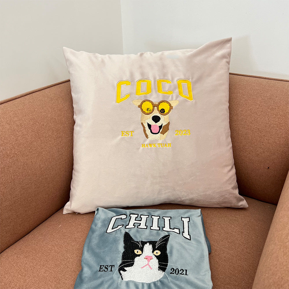 Custom Embroidered Pet Portrait Pillow Cushion With Pet Name, Pet Lover Gift