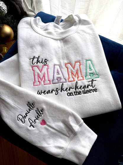 Mom Wears Her Heart on Her Sleeves Custom Embroidered T-Shirt Crew Neck Hooded Sweatshirt Gift for Mom