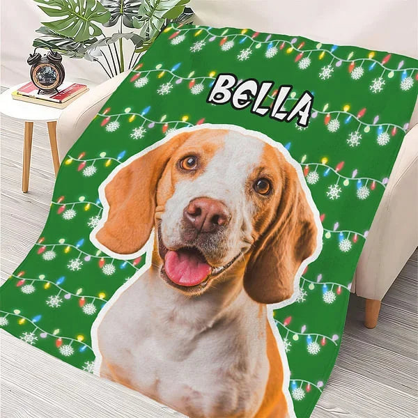 Personalized Snowflake Colored Christmas Lights Dog Cat Photo Throw Blanket with Name