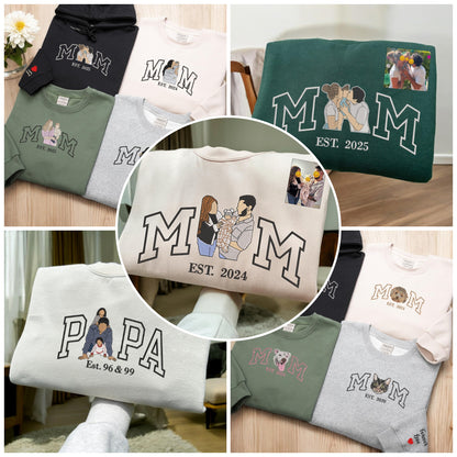 Mama Sweatshirt with Photo, Custom Embroidered Hoodie Mama and Kids Portrait, Varsity Shirt
