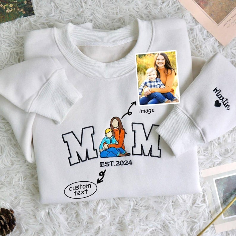 Mama Sweatshirt with Photo, Custom Embroidered Hoodie Mama and Kids Portrait, Varsity Shirt
