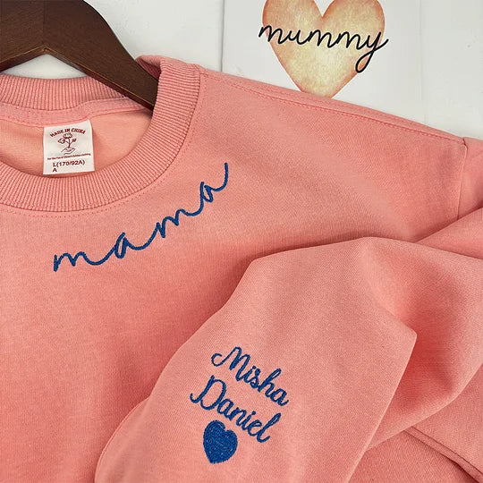 Custom Mama Embroidered Sweatshirt with Kids Names on the sleeve