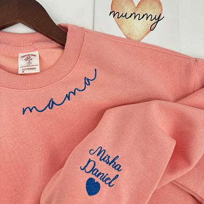 Custom Mama Embroidered Sweatshirt with Kids Names on the sleeve