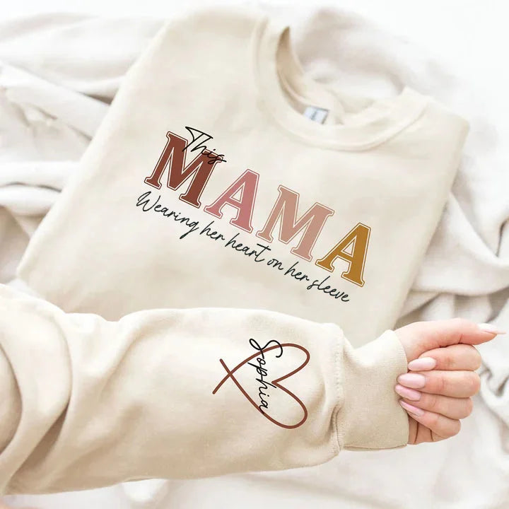 🔥For Mom🔥Personalized MAMA Wears Her Heart On Her Sleeve Sweatshirt(Buy 2 Free Shipping)