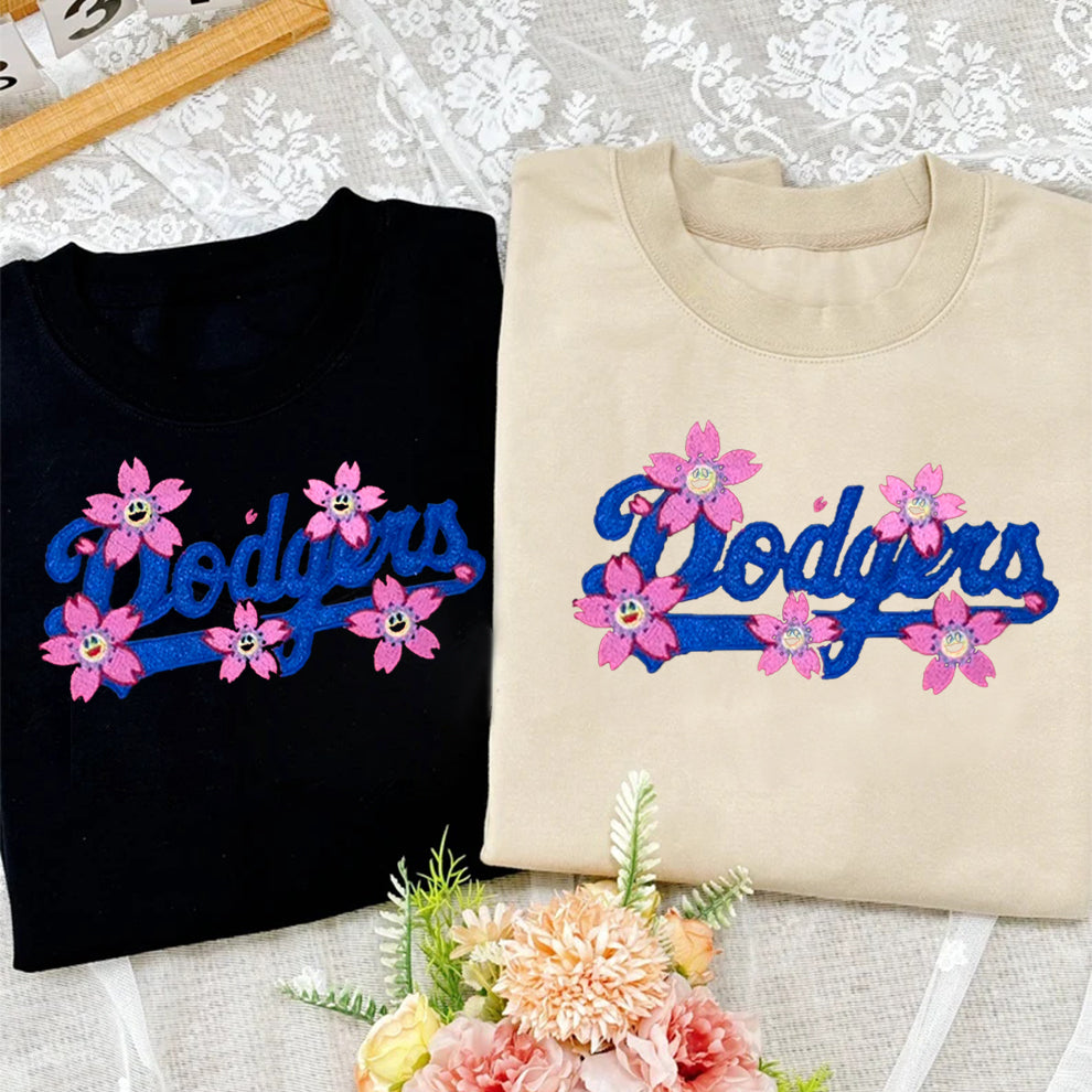 Custom Embroidered Glitter Baseball Team With Flower Sweatshirt