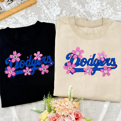 Custom Embroidered Glitter Baseball Team With Flower Sweatshirt