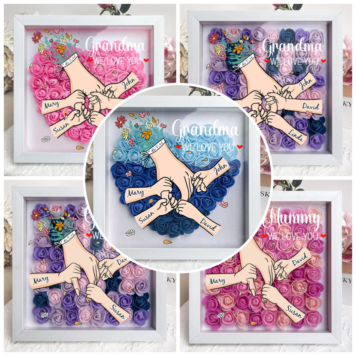 Family Love Blooms Forever – Personalised Mom & Grandma Flower Shadow Box with Names