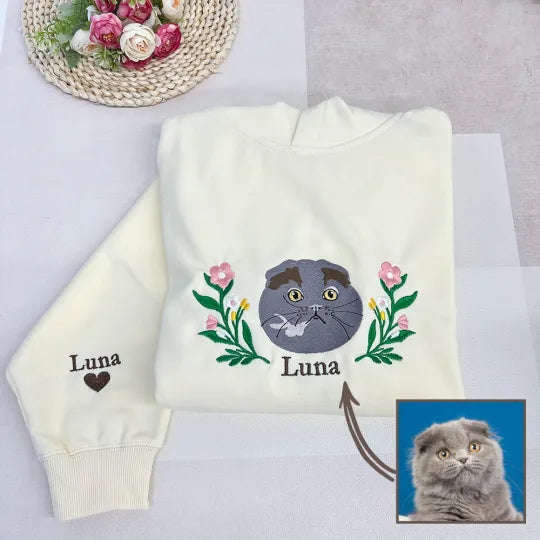 Custom Embroidered Sweatshirt With Pet Portrait Flower | for Pet Lover