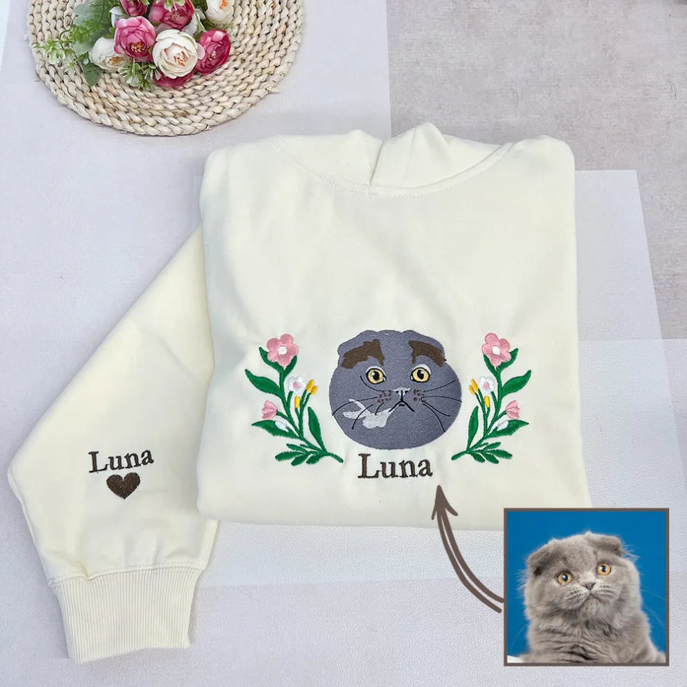 Custom Embroidered Hoodie/Sweatshirt With Pet Portrait Flower | for Pet Lover