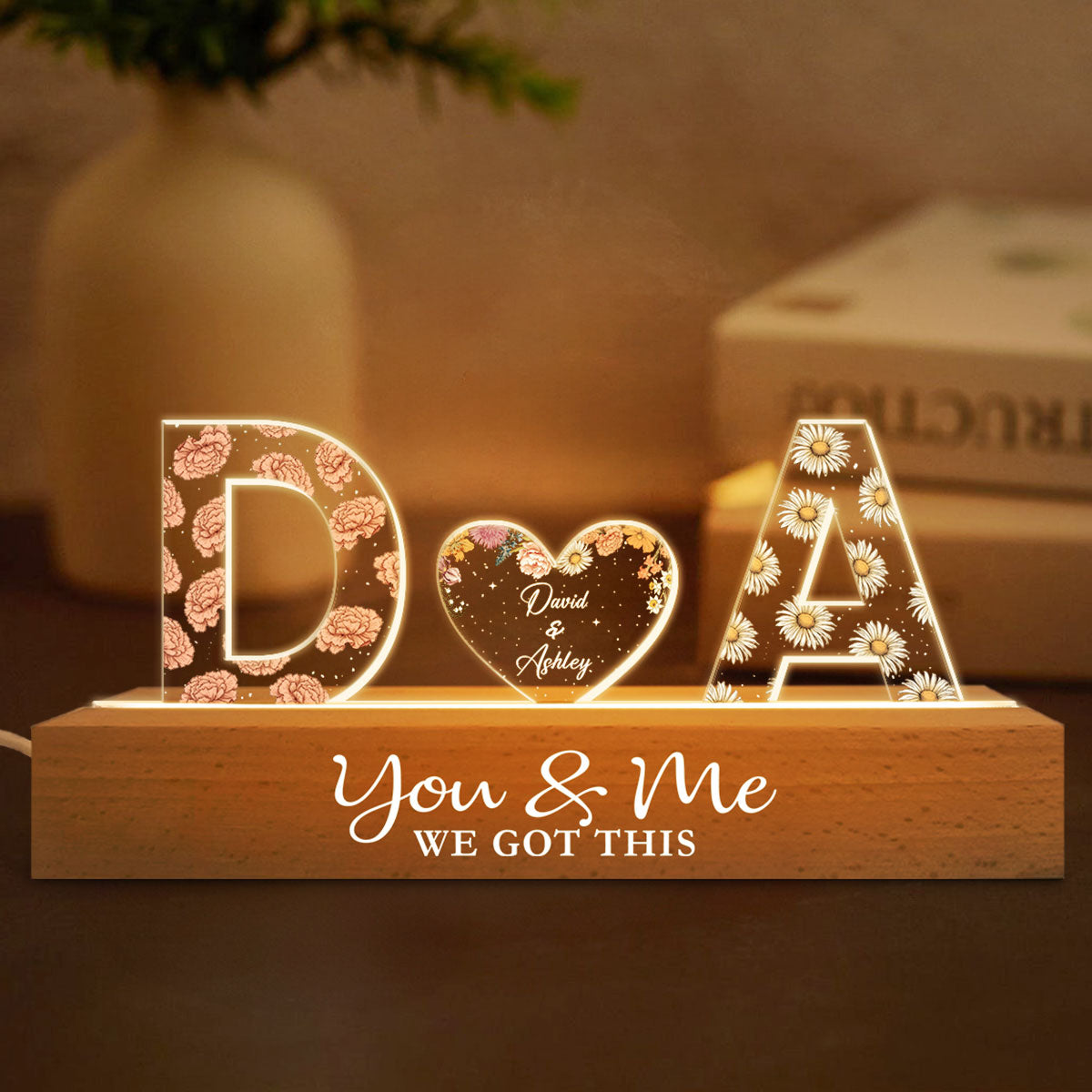 Couple Initials Birth Month Flower Anniversary Gift Personalized Acrylic Block LED Night Light