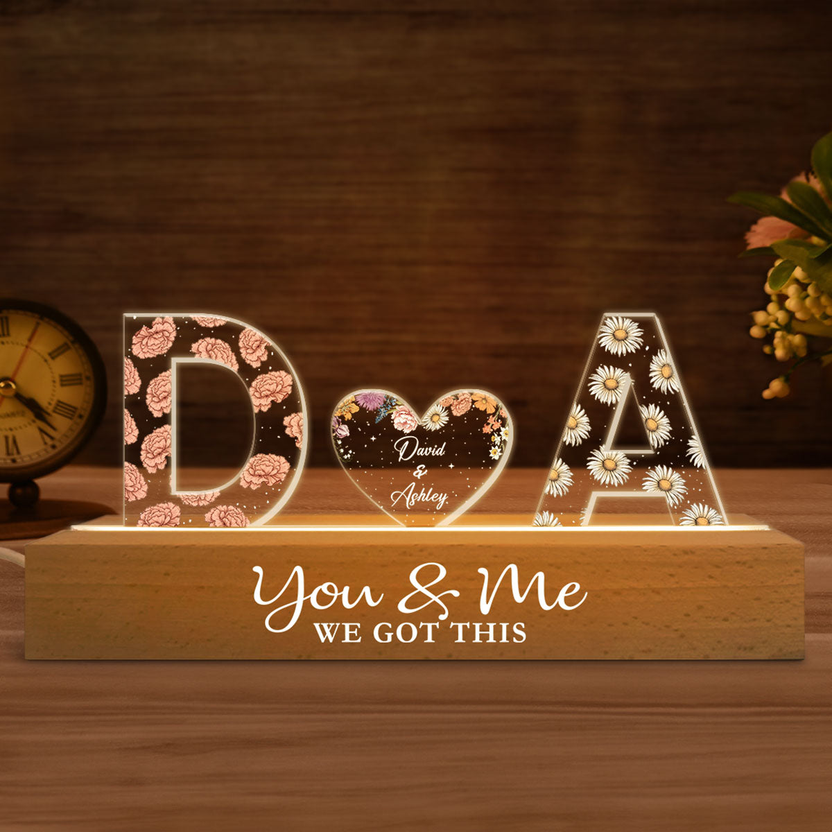 Couple Initials Birth Month Flower Anniversary Gift Personalized Acrylic Block LED Night Light