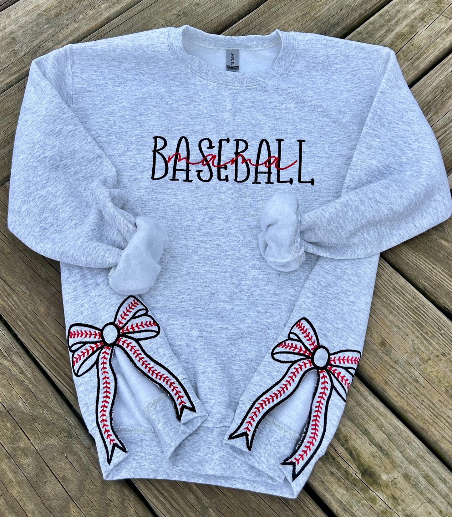 Baseball Mama Crewneck Sweatshirt with Trendy Side Bow Glitter Applique & Embroidered Sleeve, Baseball, Baseball mom, Baseball Momma, Boymom