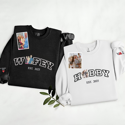 Custom Embroidered Couple Portrait Sweater, Personalised Hubby Wifey Matching Sweatshirt, Gifts for Family