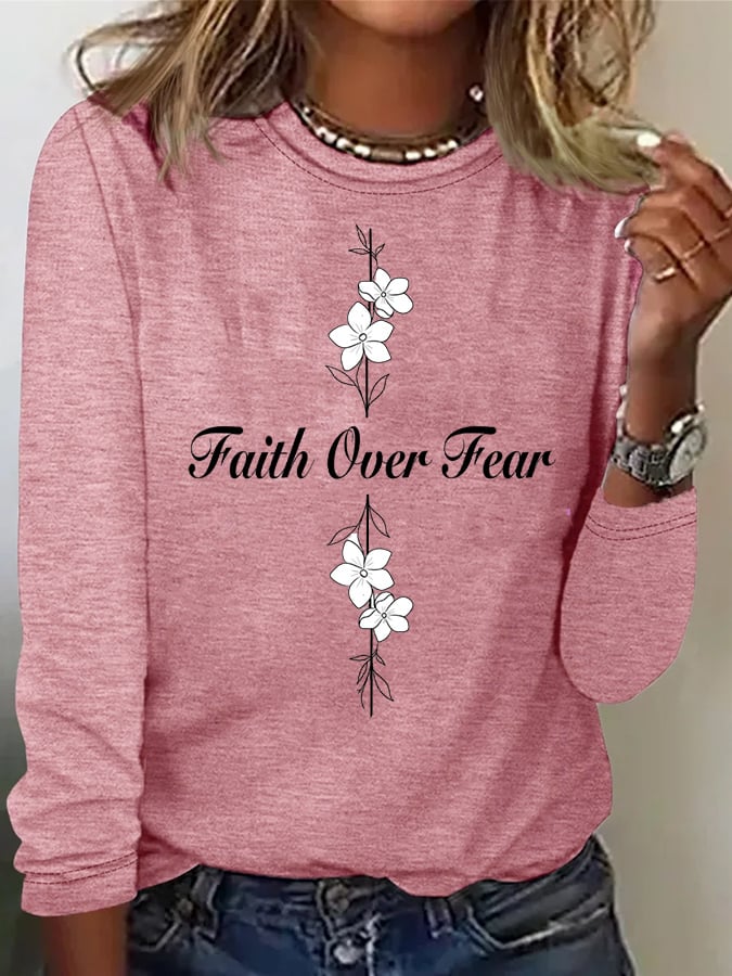 Women's Casual Faith Overcomes Fear Cross Colored Cotton Long-Sleeved T-Shirt