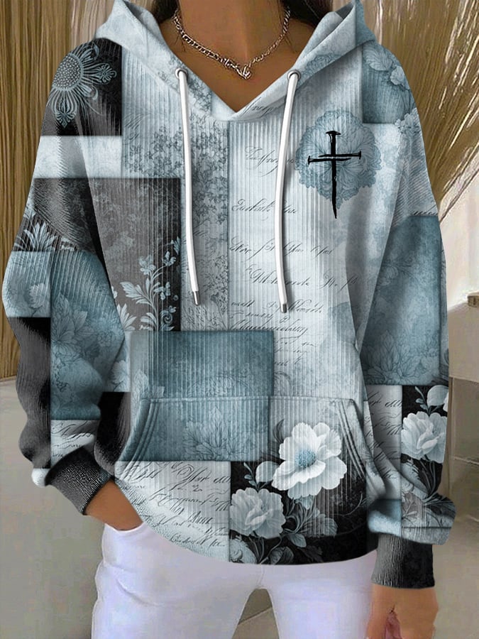 Women's Casual Retro Color Block Contrast Print Faith Texture Hoodie