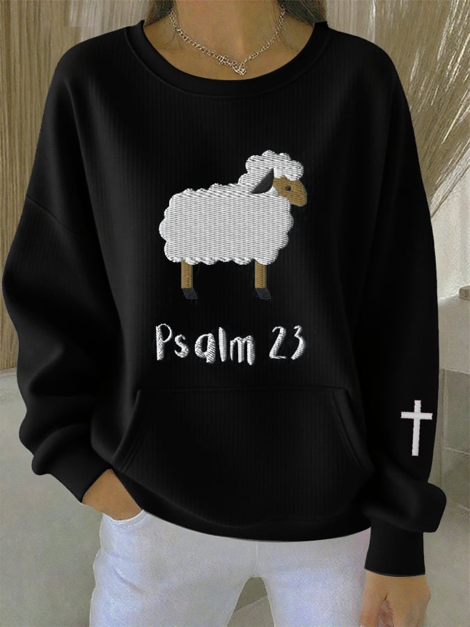 Women's Autumn Book of Songs No. 23 Little Lamb Print Casual Crew Neck Top