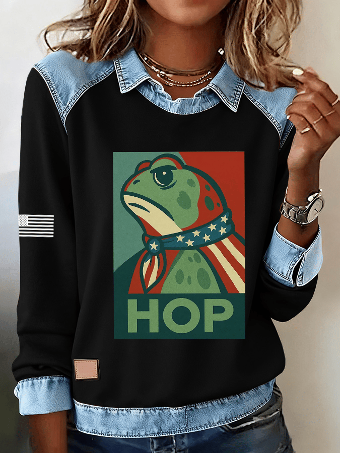 🔥Buy 3 Get 15% Off🔥Women's FDT Print Denim Panel Lapel Long Sleeve Sweatshirt