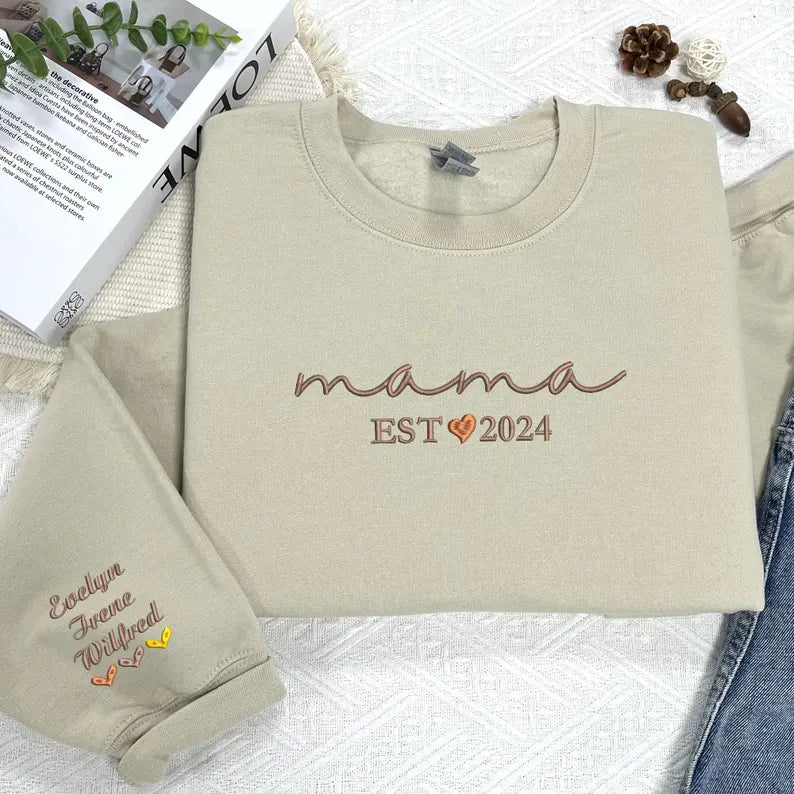 Custom Embroidered Mama Sweatshirt with Kid Names - Personalized Mom Hoodie With Names - New Mama Outfit - Pregnancy Announcement Clothing