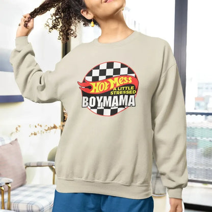 Custom Hot Mess A Little Stressed Boy Mama, Hot Wheels, Racecar Sweatshirt