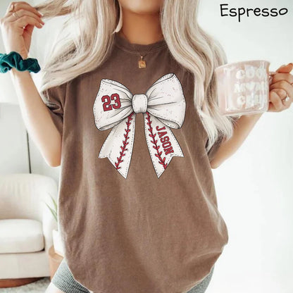 Custom Sport Bow Shirt, Baseball Softball Mom Shirt With Kids Name & Jersey Number