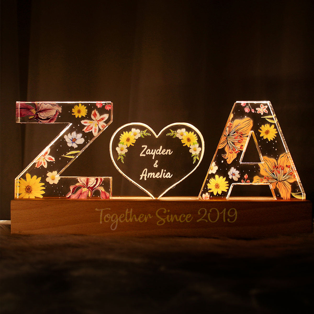 Couple Initials Floral Theme Anniversary Gift Personalized Acrylic Block LED Night Light