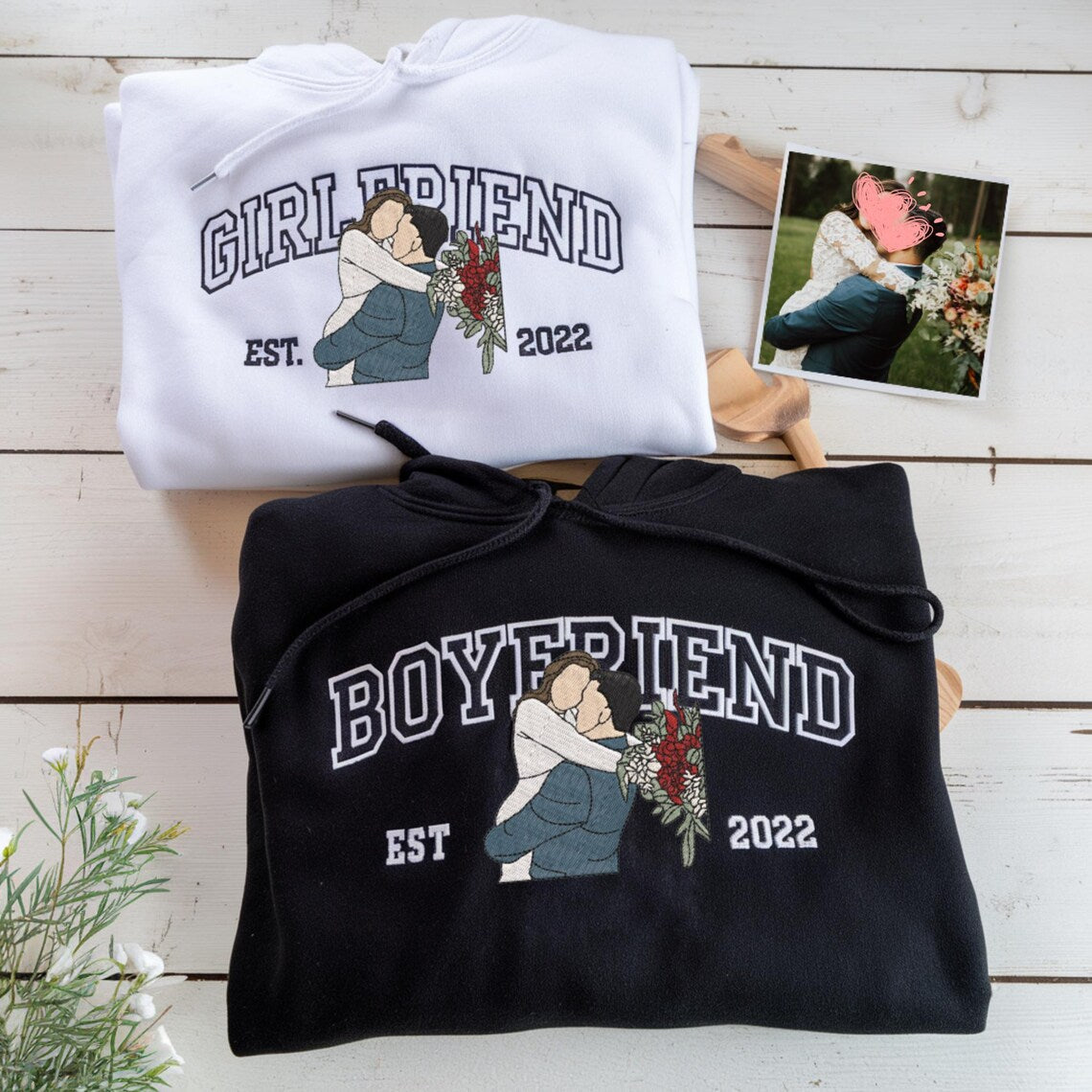 Loversdovey Personalized Embroidered Photo Couple Boyfriend and Girlfriend Matching Sweatshirts