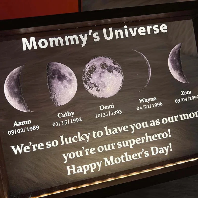 Led Light Frame With Text And Date The Real Moon Phase- Mom's Universe,Gift For MUM