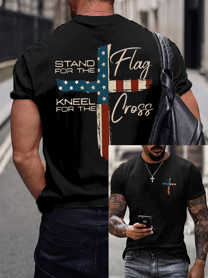 Men's Stand For The Flag Kneel For The Cross Printed Casual T-Shirt