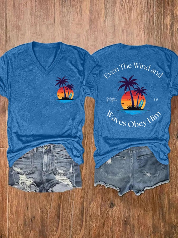 Women's Casual Western Christian Faith Bible Verse Double-Sided Printed V-Neck Short Sleeve T-Shirt