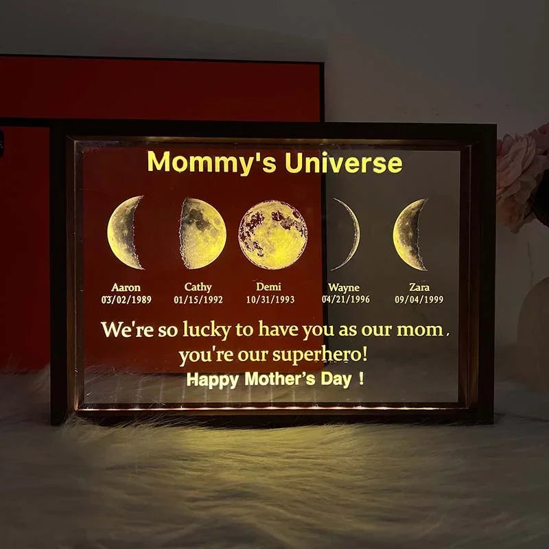Led Light Frame With Text And Date The Real Moon Phase- Mom's Universe,Gift For MUM