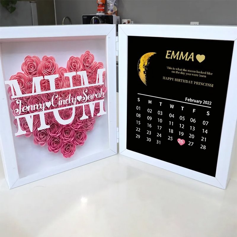 (Mom&Grandmum With Name) With REAL MOON PHASE Anniversary Calendar Custom Flower Frame