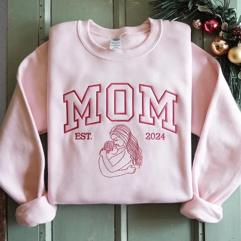 Custom MOM Embroidered Sweatshirt – Embroidered Crewneck, Est. Year, New Mom Gift, Personalized Mother's Day Sweater