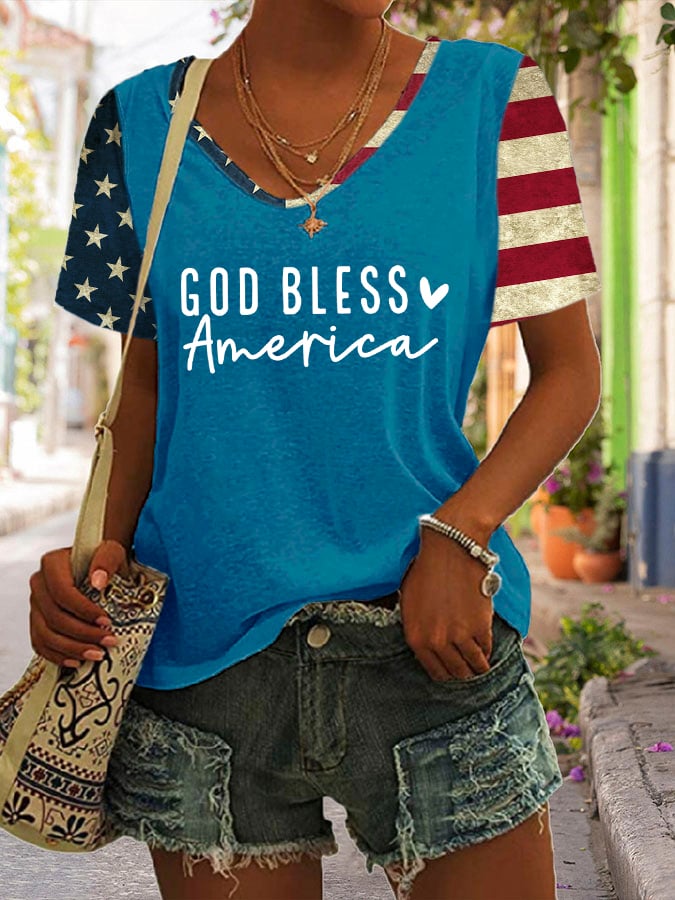 Women's Flag God Bless America Print Casual T-Shirt