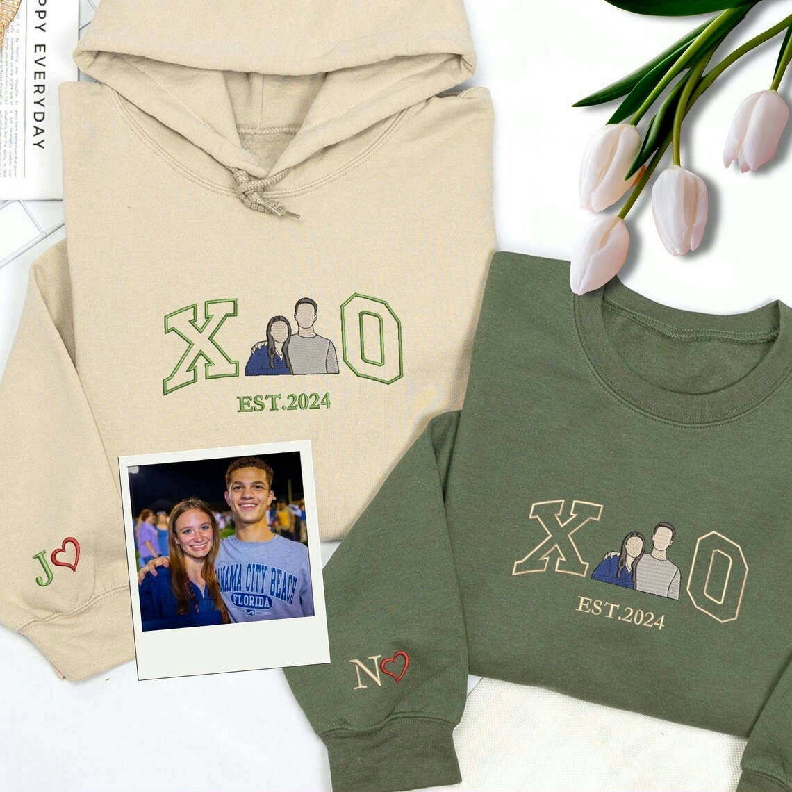 Loversdovey Customized Couples Hoodies | Embroidered Couple Portrait Matching Sweatshirt | Husband Wife Hoodies