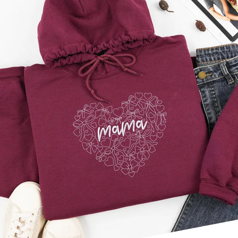 Custom Embroidered Mama Heart Valentines Sweatshirt For Wife | Mama Hoodie | Cute Love Shirt | Mom Gift