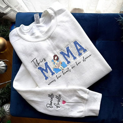 Mom Wears Her Heart on Her Sleeves Custom Glitter Mama Sweatshirt with Photo Gift for Mom Nana