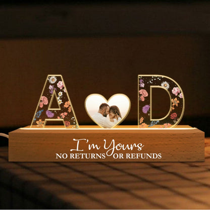 Couple Initials Floral Theme Photo Inserted Personalized Acrylic Block LED Night Light