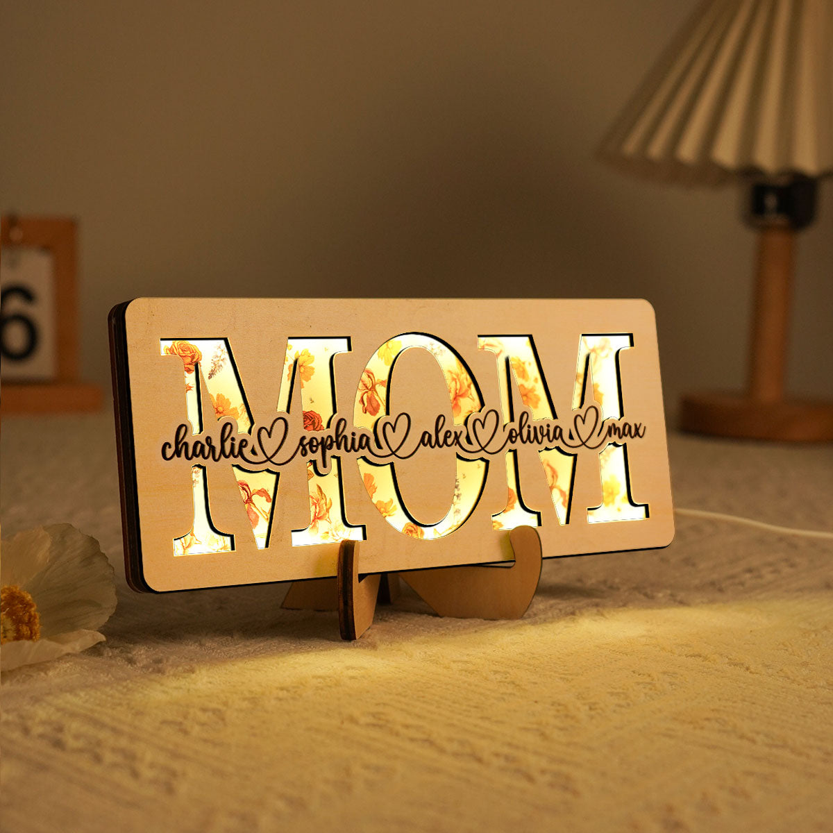 Personalized Mom Birth Month Flowers, Mother's Day Gift for Mom, Mom 2-Layer Wooden Plaque With LED