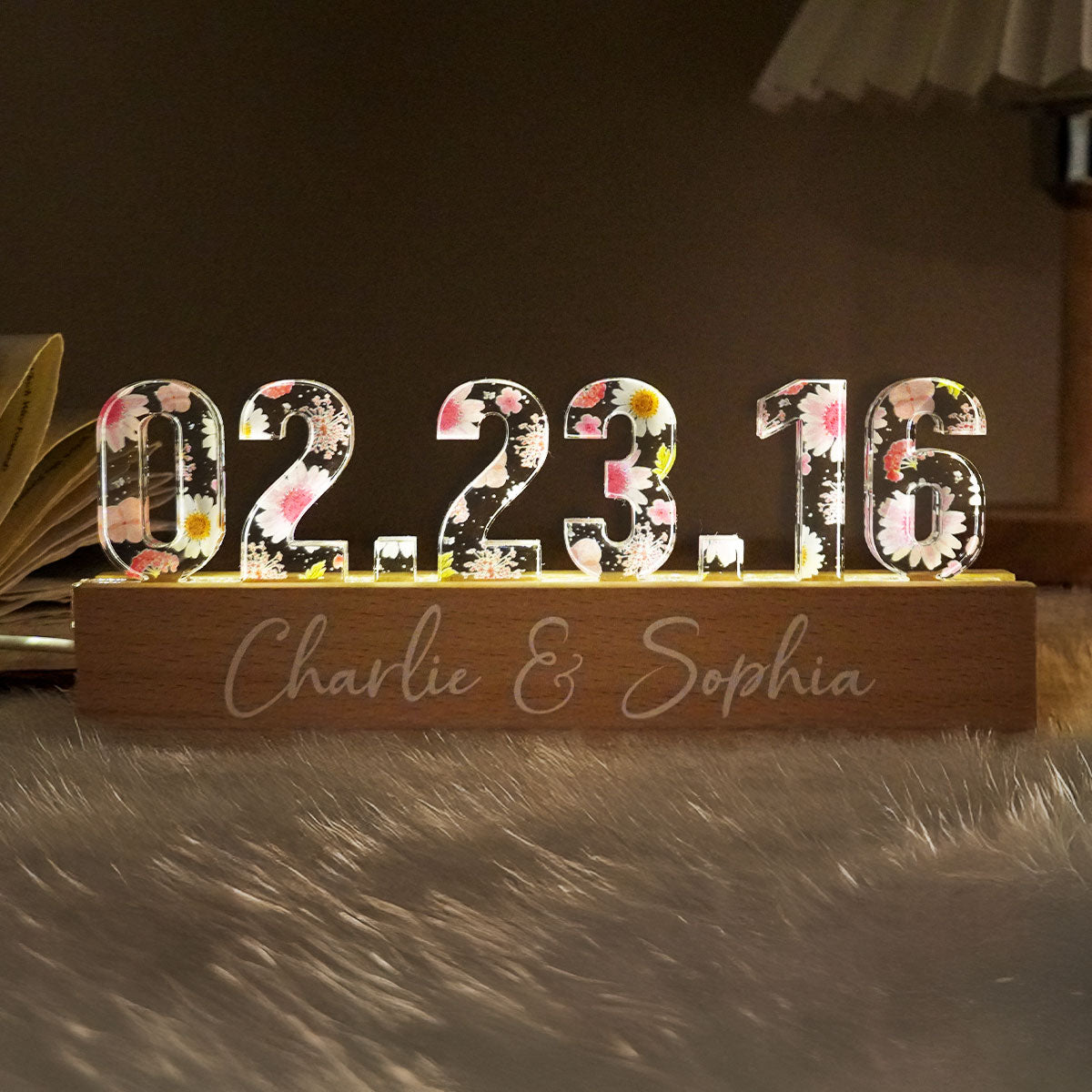 Couple Engagement Anniversary Date Flowers Personalized Custom LED Night Light, Gift for her, Gift for him