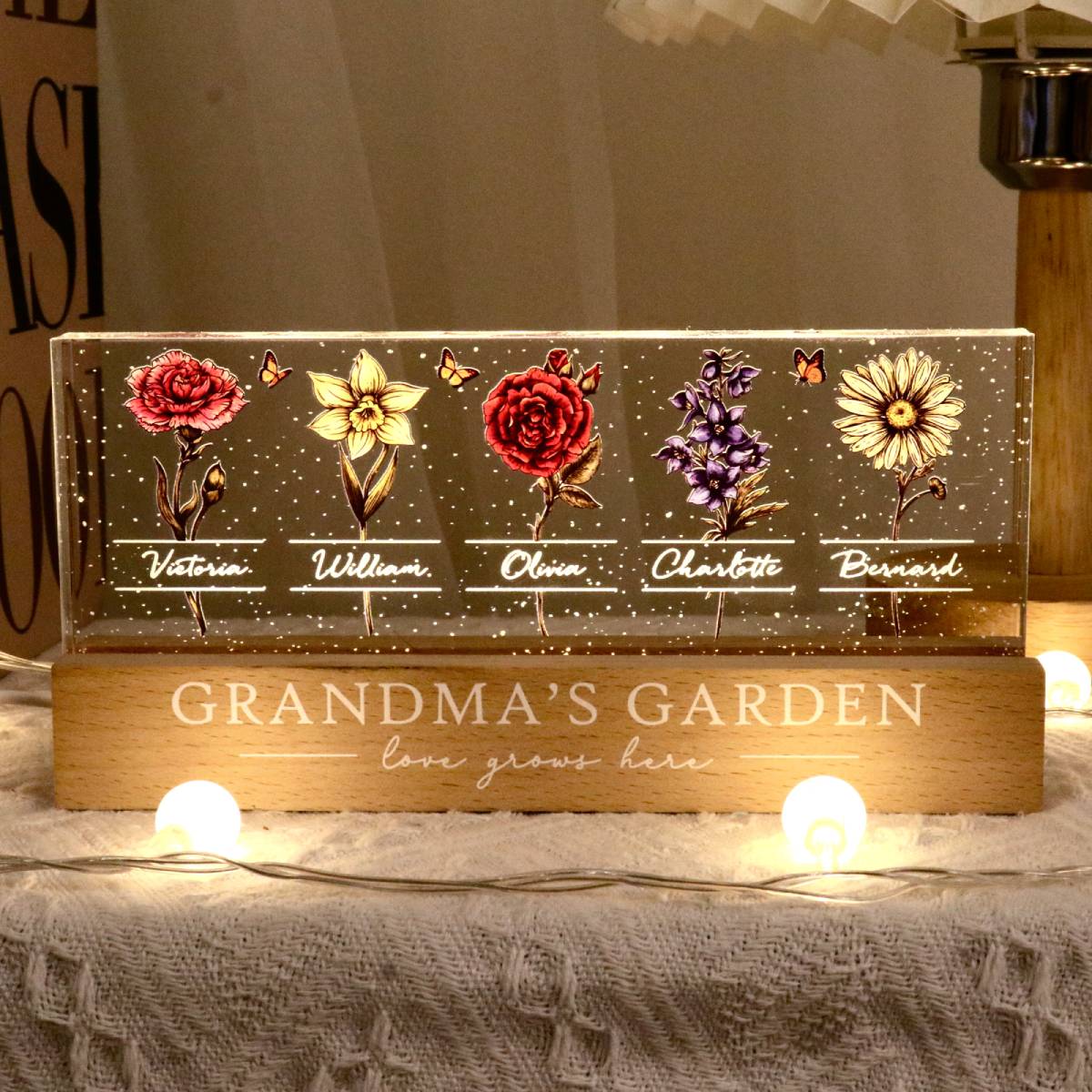 Grandma's Garden Of Grandkids Birth Month Flowers Personalized LED Night Light, Heartfelt Gift For Grandma, Mum