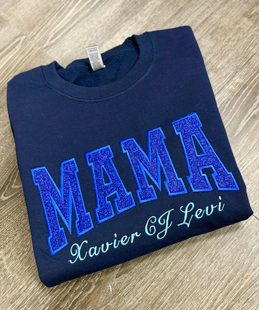 Custom Embroidered Mama Sweatshirt with Kids Names on Sleeve New Mom Hoodie Personalized Gift for Mom