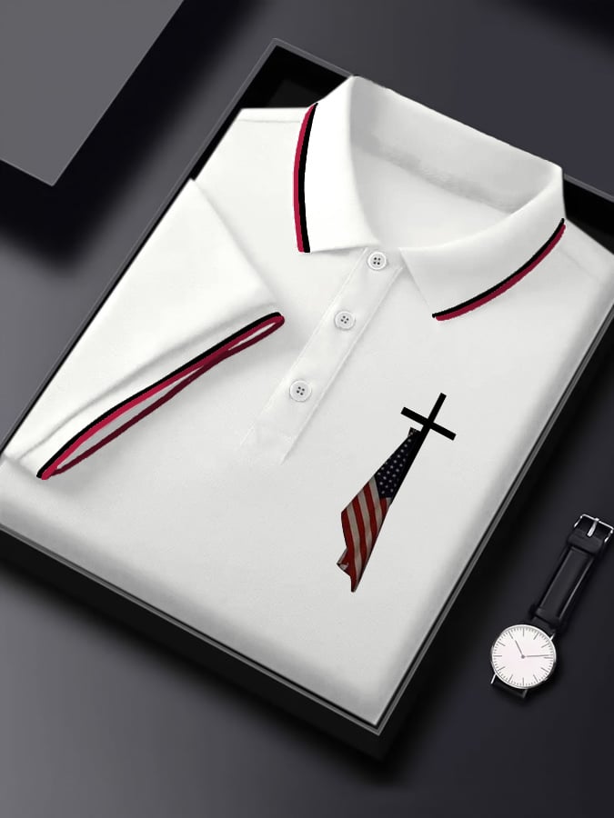 Men's  Flag Cross Print Polo Shirt