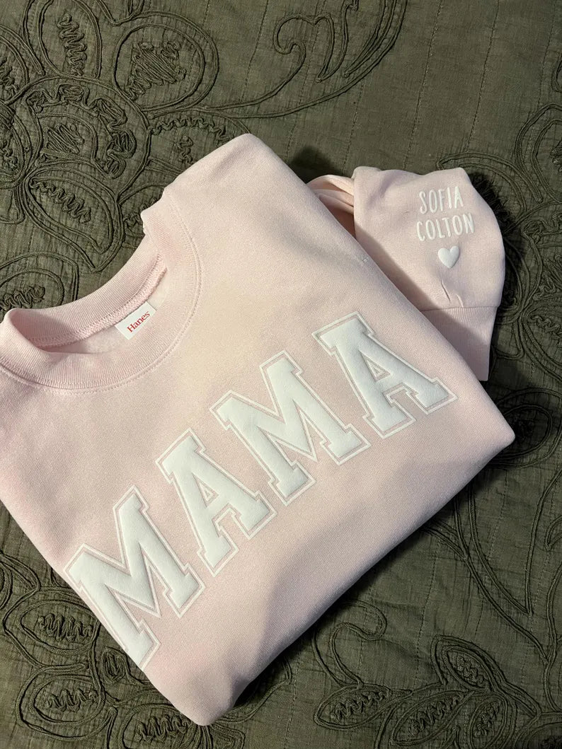 Mama Sweatshirt with Puff Lettering, Personalized Kid Names on Sleeve, Mama Sweater, Cute Gift for Mama