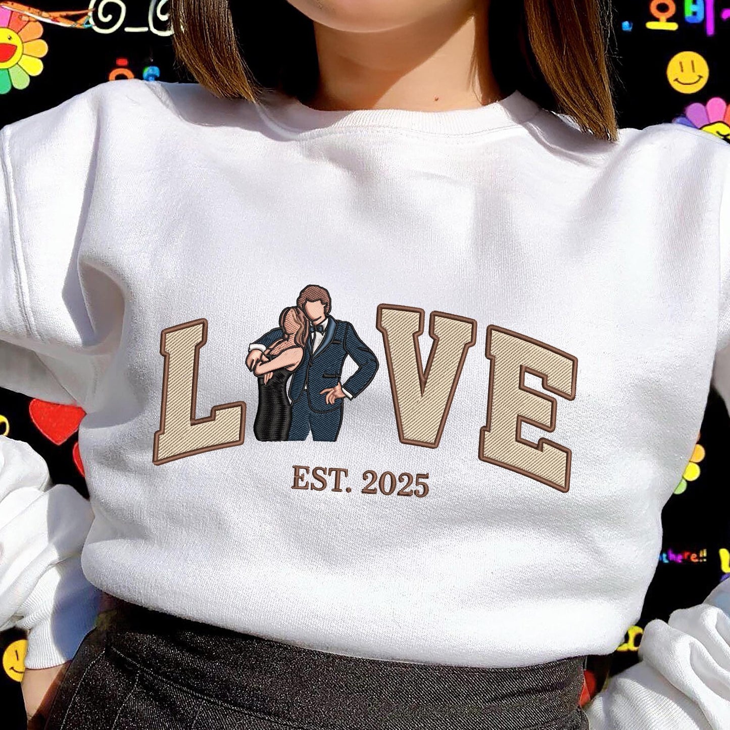 Loversdovey Personalized Embroidered Photo Couple LOVE Est Year Crewneck/Hoodie/T-shirt