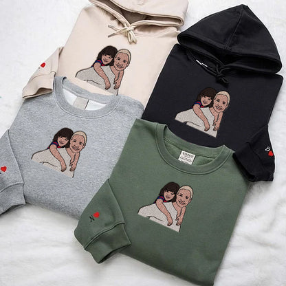 Loversdovey Custom Embroidered Hoodie Mama and Kids Portrait, Family Photo Sweatshirt