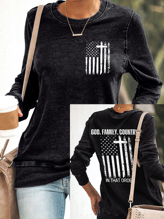 Women's God Family Country In That Order Print Round Neck Sweatshirt