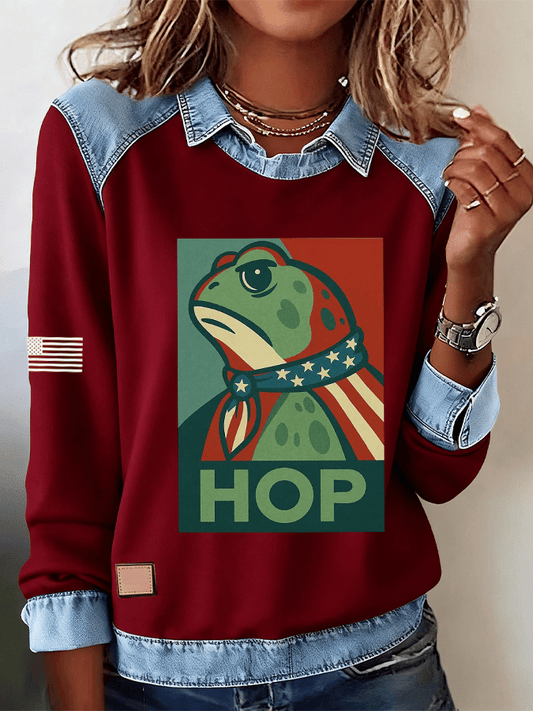 🔥Buy 3 Get 15% Off🔥Women's FDT Print Denim Panel Lapel Long Sleeve Sweatshirt