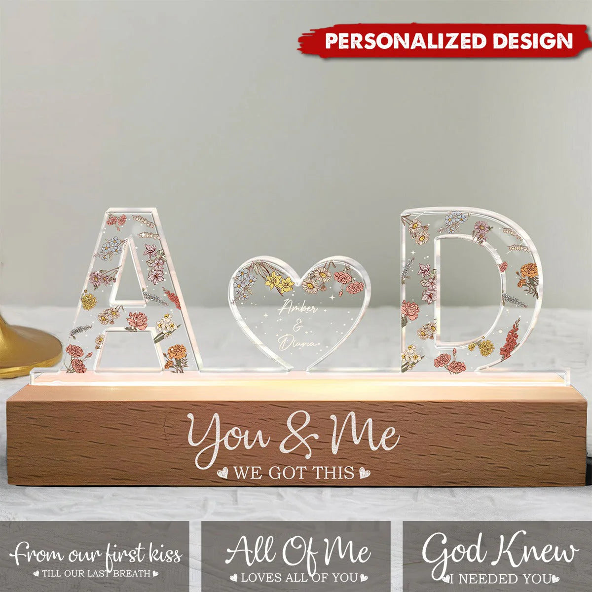 Couple Initials Floral Theme Anniversary Gift Personalized Acrylic Block LED Night Light