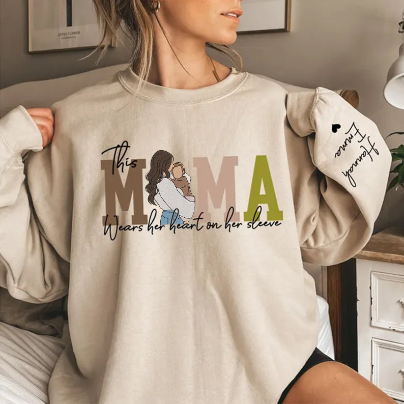 Mom Wears Her Heart on Her Sleeves - Custom Print Hoodie Mama and Kids Portrait