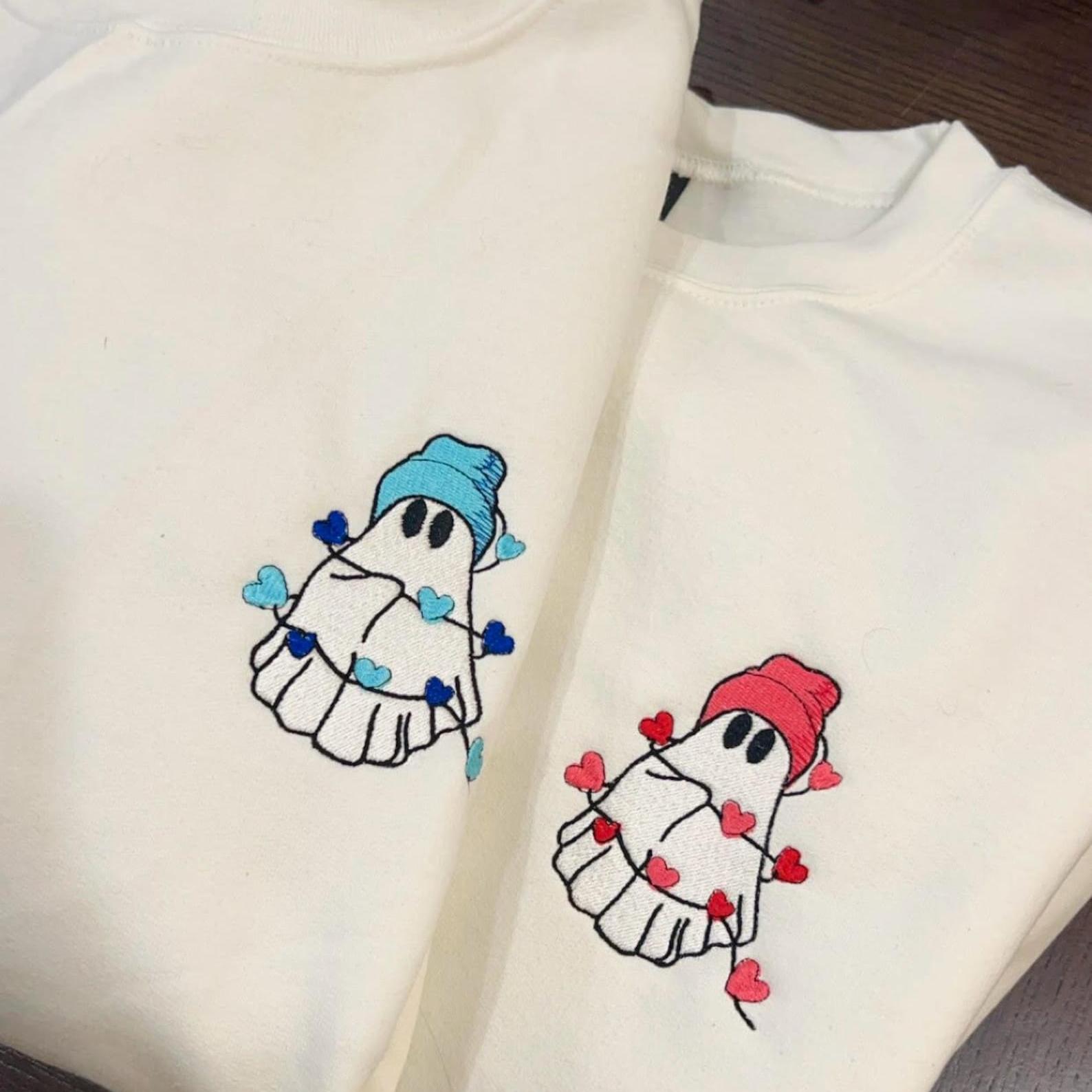 Embroidered Ghost Valentines Sweatshirt Day Couples Gift, Cute Valentines Day Matching Ghost Heart Crewneck